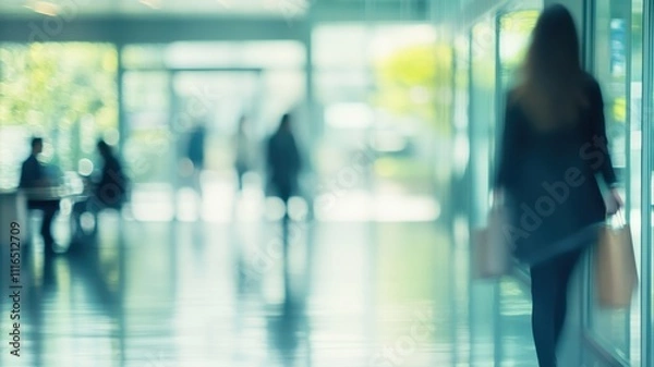 Fototapeta Shopper walking in a blurred corridor of a large shopping mall hall interior with young people modern open space in the background