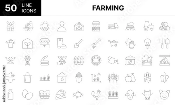 Obraz Collection of 50 farming line icons featuring editable strokes. These outline icons depict various modes of farming, tractor, farm, outline, agriculture, farmer, farm 