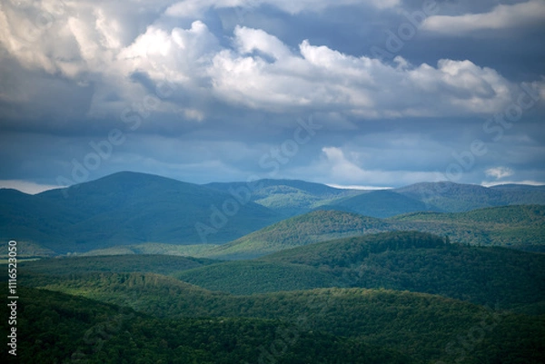 Obraz Clouds over the hills covered with forest