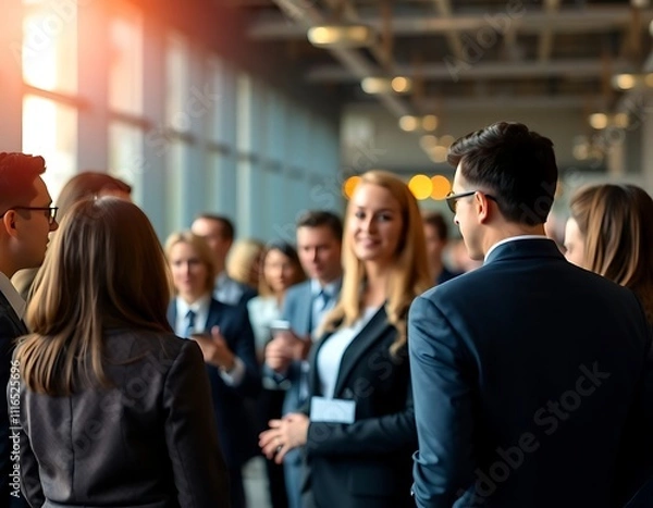 Obraz A vibrant networking event with business professionals engaging in conversation, blurred figures creating a sense of motion and activity