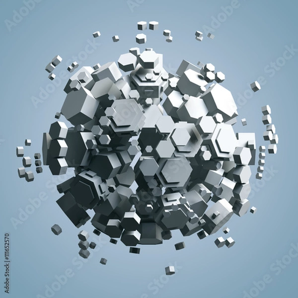 Obraz 3D rendering of white hexagonal prism. Sci-fi background. Abstract sphere in empty space.