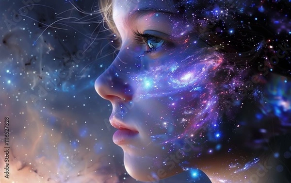 Fototapeta Cosmic Child: A mesmerizing portrait of a child whose face is interwoven with a vibrant nebula, evoking wonder, dreams, and the boundless possibilities of the universe.