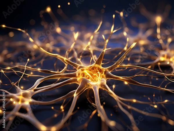Fototapeta A highly detailed, microscopic view of neurons firing in the brain. The neurons are intricately designed, glowing golden against a dark background with small sparks traveling along their connections