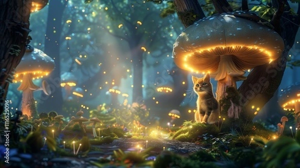Fototapeta Enchanted Forest: A whimsical cat sits beneath a glowing mushroom in a magical forest, surrounded by other glowing mushrooms and a stream of light. The scene is both mystical and inviting.