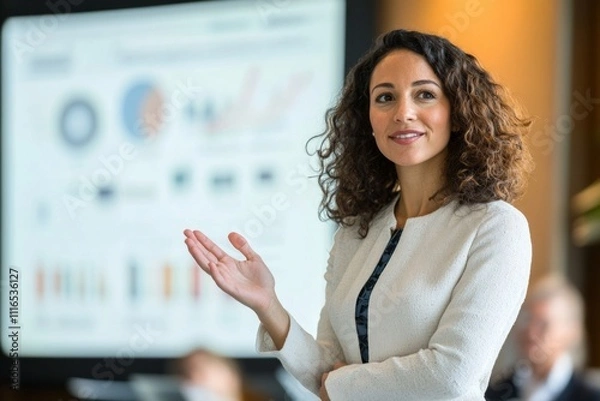 Fototapeta Confident hispanic female professional giving presentation in office setting