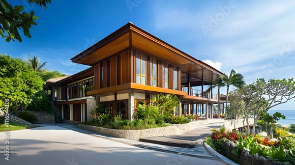 Obraz Beachfront Hawaii Home with Private Palm Grove and Lava Rock, Modern Maui Oceanfront Estate with Infinity Pool