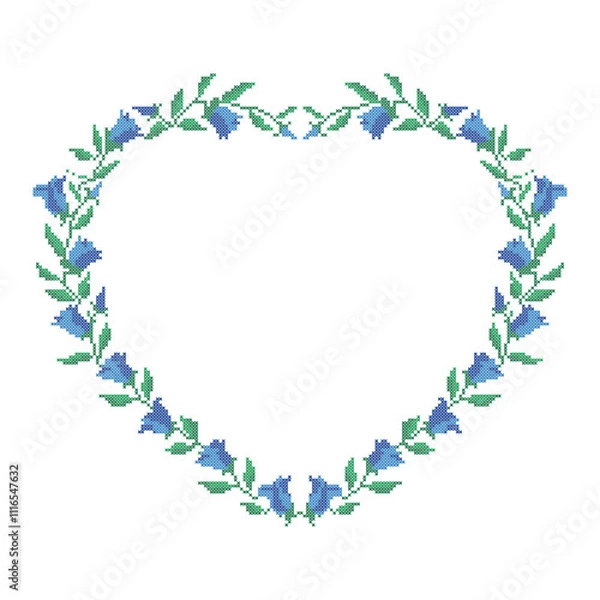 Fototapeta Cross Stitch Bell Flowers Floral Heart Frame Wreath Ukrainian Embroidery Pattern