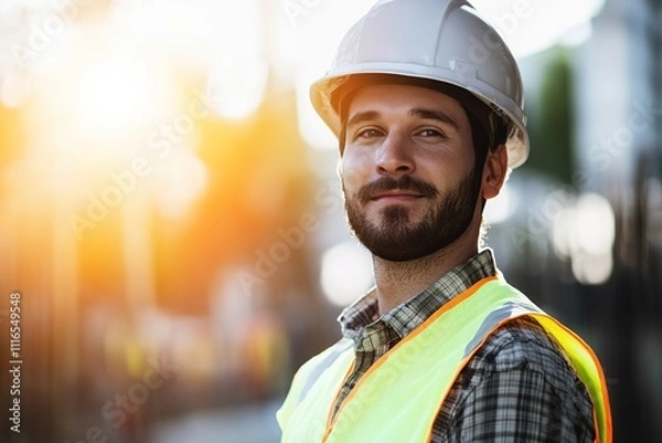 Obraz Smiling construction worker at sunset with helmet and vest