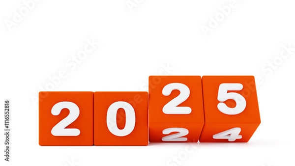 Obraz 2025 NEW YEAR, HAPP NEW YEAR, 3D RENDERING OF NEW YEAR MADE WITH 3D RED CUBE AND NUMBER SHOWING TRANSLATION BETWEEN 2024 AND 2025. ISOLATED ON WHITE WITH EMPTY SPACE FOR TEXT 