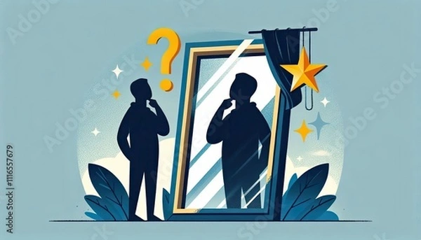 Fototapeta Silhouette of person facing mirror symbolizing self doubt and reflection