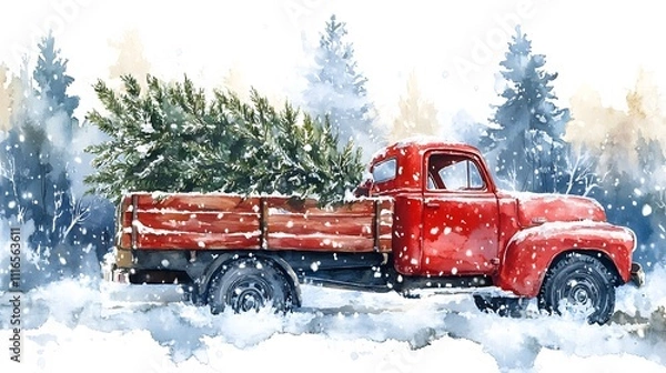 Fototapeta Car, Truck Carrying Christmas Tree, Snow, Santa Claus, Ornaments, Abstract Image, Texture, Pattern Background, Wallpaper, Cover and Screen of Smartphone, PC, Laptop, 9:16 and 16:9 Format