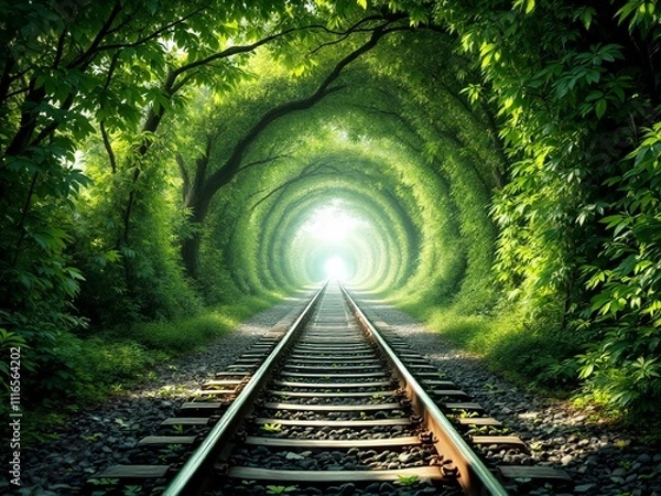 Obraz Scenic Tunnel of Trees Over Railroad Track with Green Foliage and Natural Light for Travel Concepts