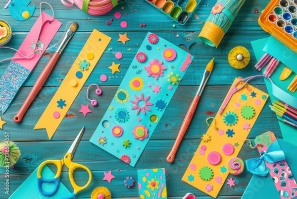 Fototapeta Colorful craft supplies and handmade bookmarks on a teal wooden surface.