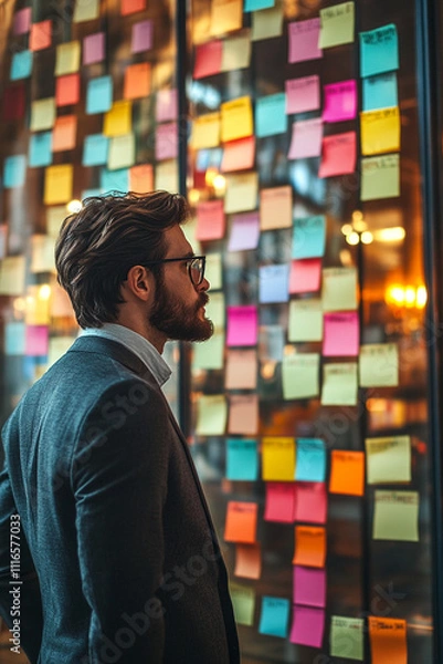 Fototapeta Professional in a suit studies colorful sticky notes on a glass wall during brainstorming session