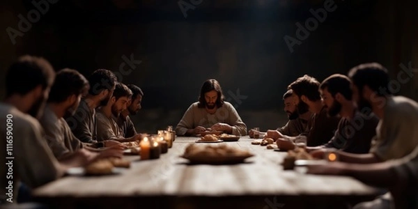 Fototapeta A wide shot of Jesus and His disciples seated at a long table, sharing bread and wine