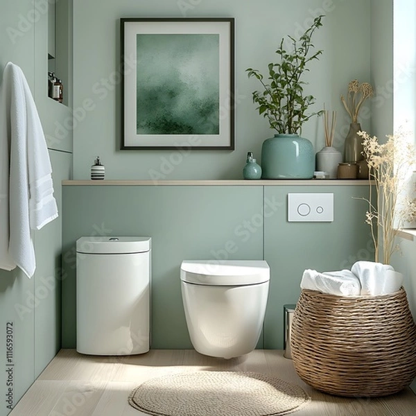 Fototapeta Modern Minimalist Bathroom with Wall Mounted Toilet, Greenery, and Natural Light. A Serene Space Featuring a Floating Toilet, Wicker Basket, and Contemporary Decor in Soft Green Tones.