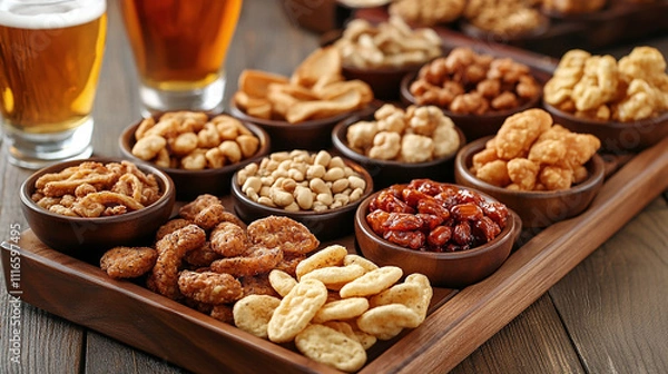 Fototapeta wide panoramic side view food banner photo with beer snacks and chips on a table 