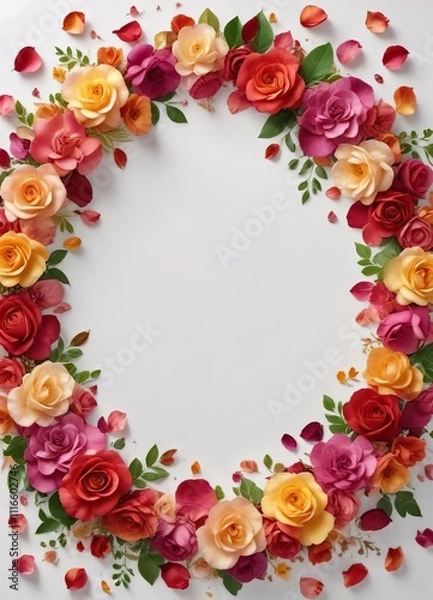 Fototapeta A floral wreath made from a mix of colorful rose petals and leaves on a plain white paper background, flowers, garden party, spring decor