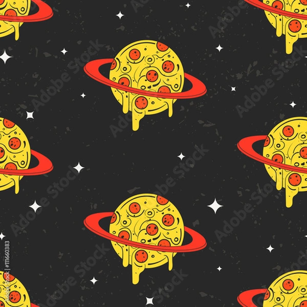 Fototapeta Hand drawn vector seamless pattern. Funny illustration of pizza-looking planets in space. Modern fast food stylish repeating background. Isolated vector illustration, perfect for wallpapers or textile