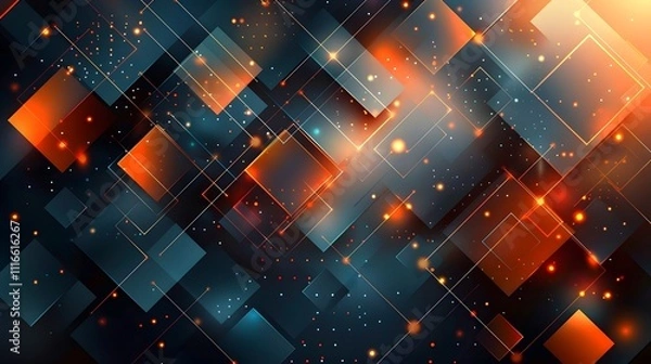Obraz Abstract geometric background with glowing orange and blue squares and light effects Futuristic digital design for technology and innovation concepts


