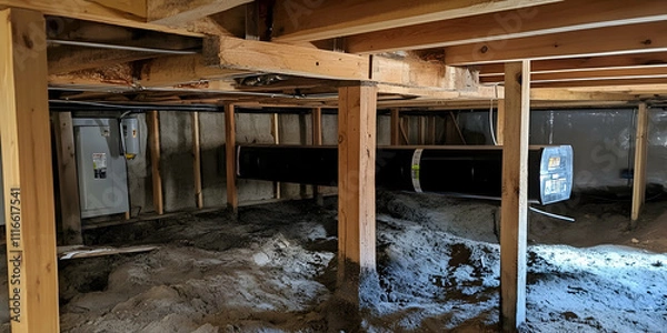 Obraz Well-Maintained Crawl Space with Wooden Beams and Ventilation Systems, Highlighting Home Durability-