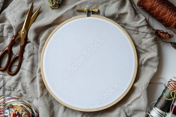 Obraz A white embroidery hoop sits on a table with scissors and other sewing supplies
