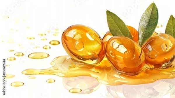 Fototapeta A close-up of a bottle of jojoba oil with jojoba seeds placed beside it, isolated on a white background, emphasizing its clean, natural, and organic appearance. Generative AI