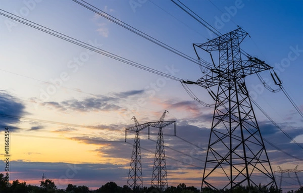 Obraz Linia napięcia. pylon na niebieskim niebie