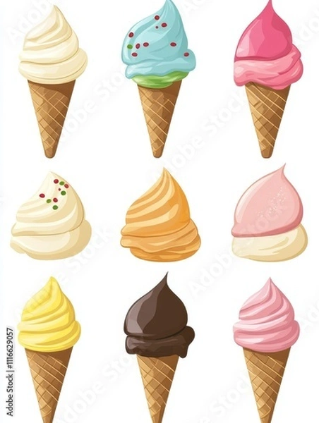 Fototapeta Cartoon assortment of ice cream cones in flat style on white background