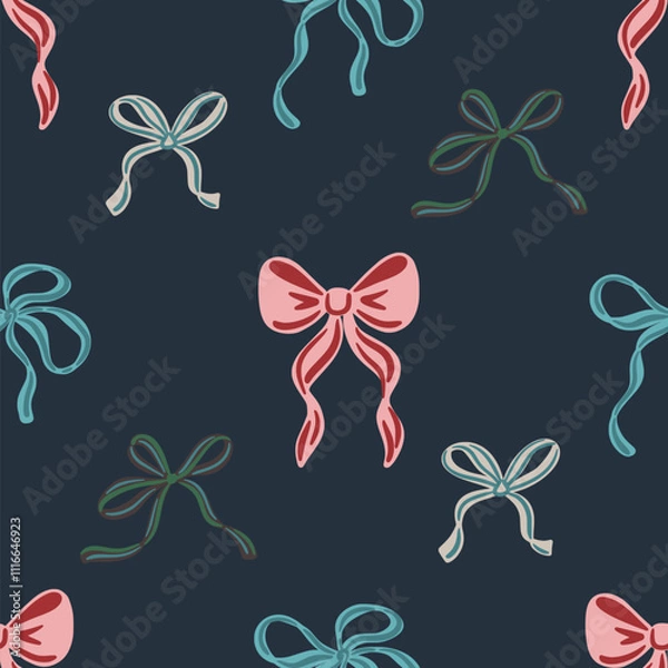 Fototapeta Seamless pattern of hand-drawn ribbon bows in various colors on a dark blue background. Decorative coquette design for wrapping paper, textile, wallpaper, cover, greeting cards. Vector illustration