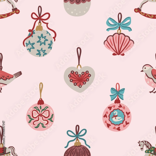 Fototapeta Seamless pattern of hand drawn vintage Christmas ornaments including baubles, heart, bird, scallop with bows on pink background. Vector design for wallpaper, textile, wrapping paper and greeting cards