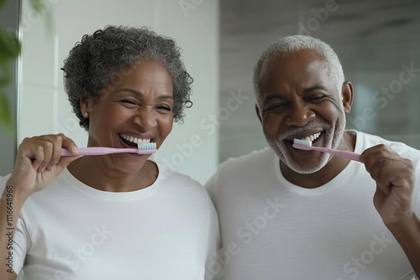 Obraz An elderly black couple wearing white t-shirt brushing their teeth together in the bathroom at home. Happy senior pair while washing morning routine