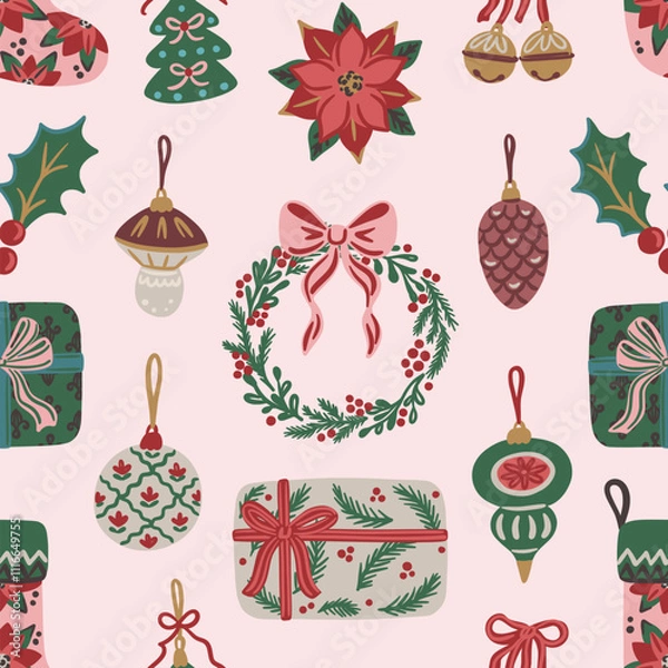 Fototapeta Seamless pattern of Christmas elements. Wreath, poinsettia, ornaments, holly, wrapped gifts and decorative stockings on pink background. Festive vector design for wrapping paper, textile, wallpaper
