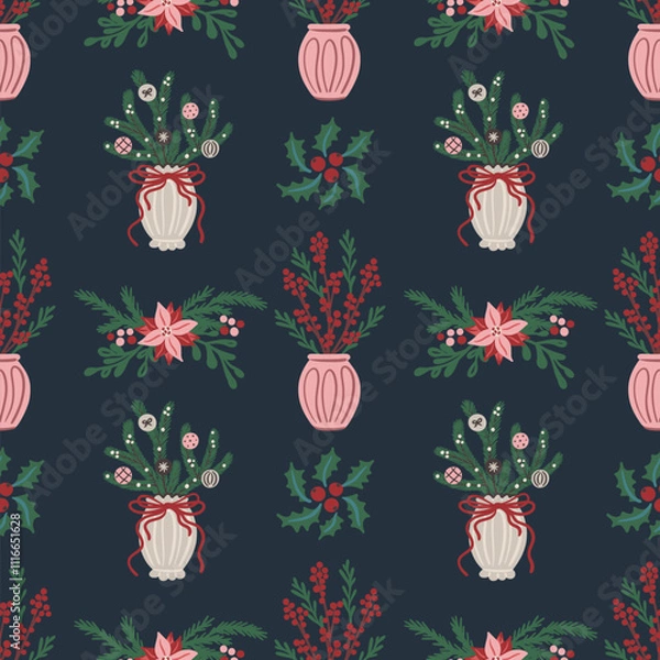 Fototapeta Seamless pattern of Christmas floral arrangements with vases, poinsettia, holly berries, pine branches and festive ornaments. Hand-drawn vector decorative design for wrapping paper, textile, wallpaper