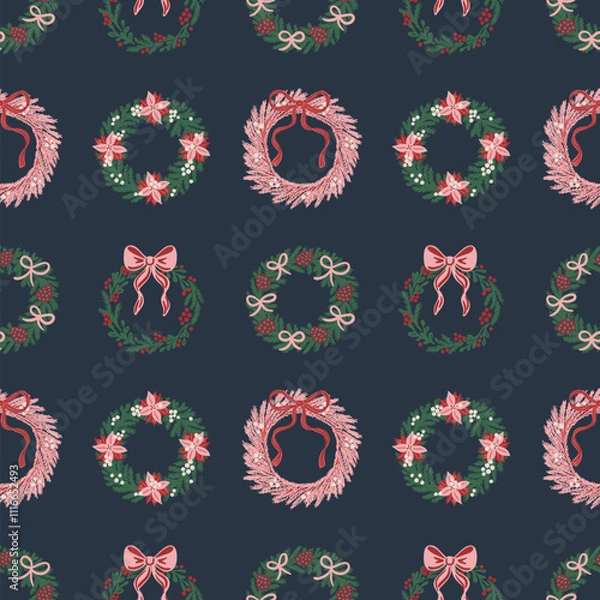Fototapeta Seamless pattern of hand-drawn Christmas wreaths decorated with bows, poinsettias, holly berries on dark blue background. Festive vector design for holiday wrapping paper, textile, wallpaper