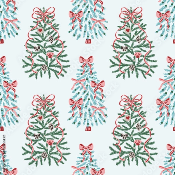 Fototapeta Seamless pattern with hand drawn Christmas trees decorated ribbons, bows and ornaments on light blue background. Decorative holiday vector design for wrapping paper, textile, wallpaper