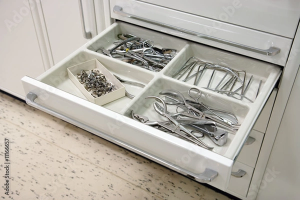 Obraz Dentist tools in open drawer