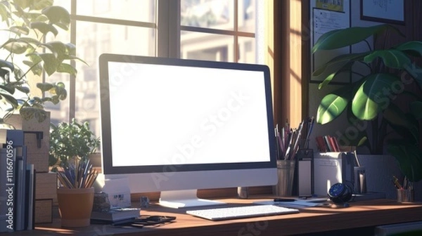 Fototapeta A computer with a white screen and office supplies are on a desk near a window in a 3D-rendered modern private office.