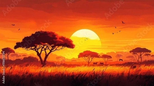Obraz A Sunset Over the Savanna With Silhouetted Trees, Birds, and Animals