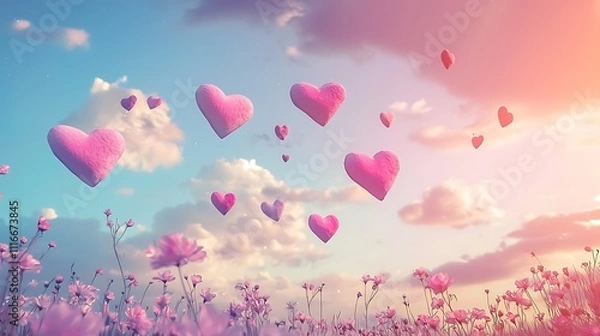 Fototapeta Soft pastel hearts floating on soft clouded sky while beautiful nature scenery captures essence love and unity in fresh bloom