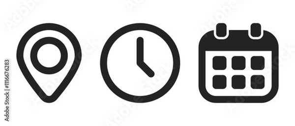Fototapeta Map point marker, reminder calendar schedule and clock time illustrations. Vector icons in flat style