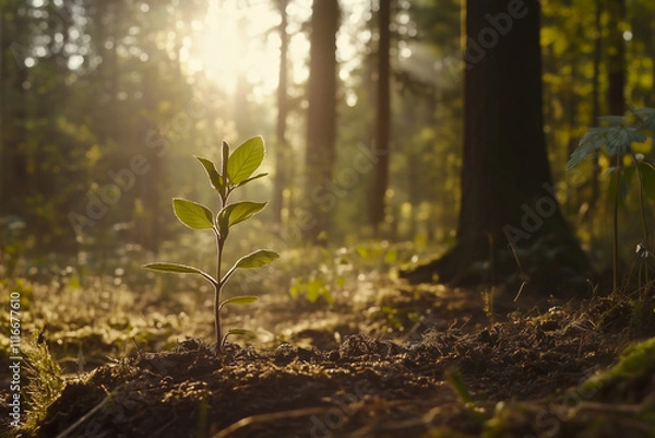 Obraz Young Tree Seedling Growing in Sunlit Forest Scene