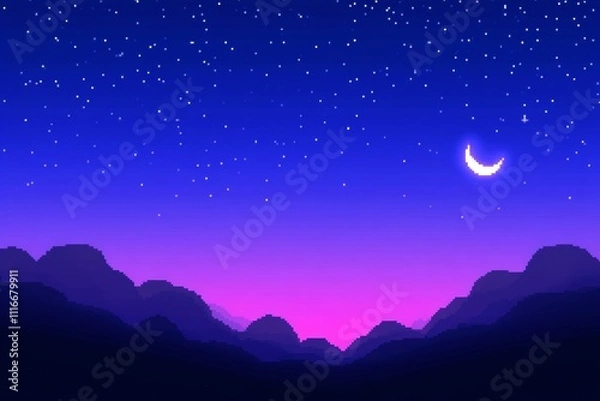 Fototapeta A computer generated image of a starry night sky with a crescent moon, pixel art 8 bit