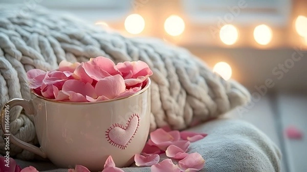 Fototapeta A cup filled with pink rose petals placed gently alongside soft pillow featuring heart-shaped stitching design amidst serene lighting