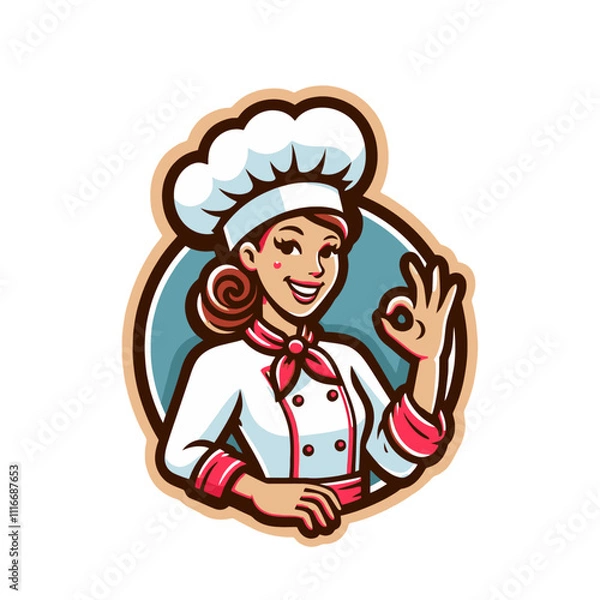 Obraz A cheerful female chef with a white chef hat, white apron, and a red scarf, making an "OK" sign with her hand. She is depicted in a retro, cartoon style with a confident and inviting expression. 