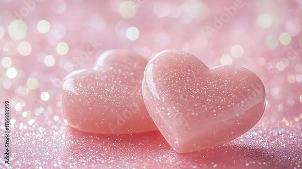 Fototapeta Two soft pink hearts delicately placed on shimmering pink background showcasing tenderness associated with love