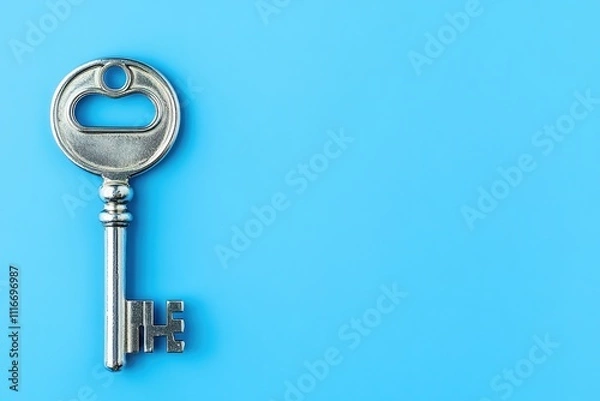Obraz Silver key on blue background, minimalistic concept, top view