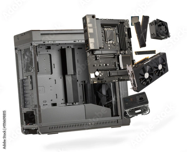 Fototapeta Main components of computer  isolated on white background. Big case, motherboard, CPU, memory, cooler, SSD, graphics card, power supply unit.
