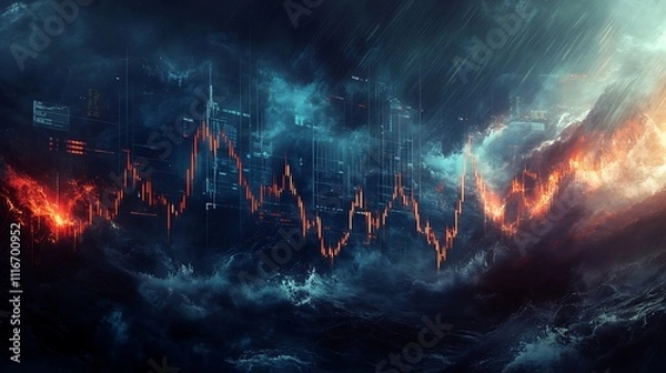 Obraz Dramatic cityscape engulfed in stormy clouds and fiery flames, overlaid with a falling stock market graph.