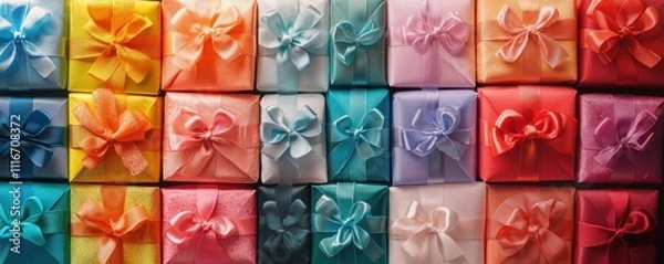 Fototapeta full frame of colorful gifts with ribbons